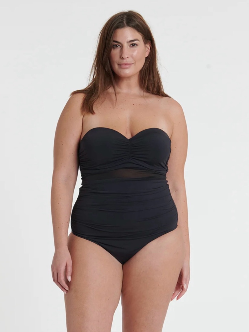 Strapless Black One-Piece Swimwear with Ruched Bodice